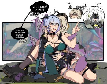 2girls absurdres accessories animal_ears asymmetrical_shorts bare_shoulders bell black_boots black_hat black_horns black_nails black_shoes black_unitard blonde_hair blush boots bra braid braided_twintails breasts choker commentary detached_sleeves earrings english_commentary ethereal_(zenless_zone_zero) game_screenshot_background goat goat_ears goat_girl goat_horns goat_tail green_bra green_eyes hair_bell hair_between_eyes hair_ornament hand_in_another&#039;s_hair hand_on_another&#039;s_stomach hat high-waist_shorts highres hood horns hug hug_from_behind jewelry key key_choker knee_strap large_breasts long_hair looking_to_the_side lucia_elowen medallion monster_girl multiple_girls on_ground open_mouth pendant_choker pointing pointy_ears purple_nails screenshot_background scylla shoes short_hair shorts single_bare_shoulder single_sleeve single_thighhigh sitting speech_bubble tail tentacle_girl tentacle_grab tentacle_tail tentacles thighhighs twintails underwear yidhari_murphy yuri zanqi zenless_zone_zero