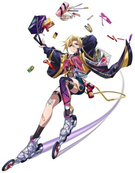 1girl absurdres arm_behind_head bag bandage_on_knee bandaid bandaid_on_leg black_collar black_leotard black_socks blonde_hair blue_bag blue_jacket blue_shorts breasts caroline_(langrisser) collar controller cropped_shirt curtained_hair dog_tags dynamic_pose eraser fishnet_leotard fishnets floating floating_clothes floating_object full_body game_cg game_controller glaring gradient_thighhighs highres holding_strap inline_skates jacket langrisser langrisser_mobile leotard long_bangs looking_at_viewer medium_breasts mesh midriff motion_lines o-ring o-ring_thigh_strap official_alternate_costume official_art open_clothes open_jacket outstretched_hand oversized_jacket parted_bangs parted_lips pen pencil pencil_case pink_shirt purple_thighhighs roller_skates scowl second-party_source shirt shoes short_hair short_shorts shorts shoulder_bag shutter_shades simple_background single_thighhigh skates skating socks solo speed_lines spiked_collar spikes standing streetwear tachi-e thigh_strap thighhighs transparent_background transparent_bag two-sided_fabric two-sided_jacket unworn_eyewear unzipped unzipped_bag wheel white_shoes yellow_eyes yellow_jacket zettai_ryouiki zipper