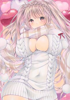 1girl absurdres aran_sweater balloon braid breasts cable_knit cleavage_cutout closed_mouth clothing_cutout commentary_request covered_navel crown_braid grey_eyes grey_hair heart_balloon highres impossible_clothes impossible_sweater large_breasts long_hair looking_at_viewer marker_(medium) no_bra no_pants original plaid_clothes plaid_scarf raised_inner_eyebrows scarf solo sweater traditional_media twintails upper_body white_sweater wispy_bangs xx_kosuzu_xx