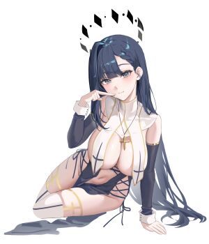 1girl absurdres bare_shoulders black_hair braid breast_curtains breasts cleavage closed_mouth commission cross cross_necklace detached_sleeves grey_eyes halo highres jewelry large_breasts long_hair long_sleeves looking_at_viewer navel necklace original pelvic_curtain side-tie_peek simple_background sisi222 sitting smile solo stomach thighhighs thighs very_long_hair white_background white_thighhighs yokozuwari
