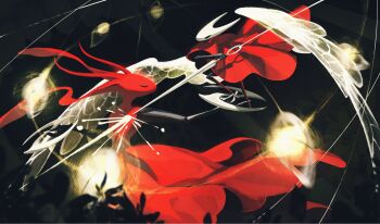 Rule 34 | 2girls, ant girl, antennae, arthropod girl, black eyes, black skin, boss fight, cloak, closed eyes, colored skin, commentary, corvus noctis, dress, highres, holding, holding weapon, hollow eyes, hollow knight, hollow knight: silksong, horned mask, hornet (hollow knight), horns, looking at another, mask, multicolored skin, multiple girls, needle (hollow knight), no mouth, red cloak, red dress, red skin, skarrsinger karmelita (hollow knight), weapon, white mask, wings