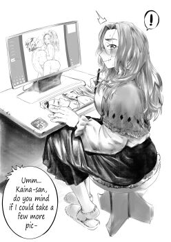 ! 1boy 1girl absurdres amano44 black_skirt blush boku_no_hero_academia bright_pupils caught computer crayon desk drawing_(action) embarrassed english_text facing_away full_body glasses greyscale highres holding holding_crayon holding_stylus lady_nagant long_hair long_skirt long_sleeves looking_at_viewer mature_female midoriya_izuku monitor monochrome no-show_socks on_stool pornography_production round_eyewear scar scar_on_face self-pornography shawl sitting skirt slippers socks solo_focus speech_bubble spoken_exclamation_mark stool stylus sweat white_pupils