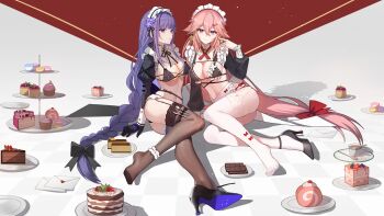 2girls absurdres alternate_costume animal_ears ankle_garter apron arm_support bikini black_bikini black_footwear black_garter_straps black_ribbon black_thighhighs braid breasts cake candy checkered_background chocolate chocolate_bar cleavage cup cupcake enmaided feet floppy_ears flower food fox_ears frilled_apron frilled_bikini frilled_garter frilled_hairband frills full_body garter_straps genshin_impact hair_flower hair_ornament hairband high_heels highres large_breasts leaning_to_the_side legs long_hair long_sleeves low-braided_long_hair low-tied_long_hair macaron maid maid_apron maid_bikini maid_headdress mole mole_under_eye multiple_girls navel neck_ribbon pastry pink_hair plate puffy_long_sleeves puffy_sleeves purple_eyes purple_flower purple_hair raiden_shogun ribbon ribbon_trim see-through_clothes see-through_legwear shoes shrug_(clothing) single_braid single_shoe sitting stomach strappy_heels string_bikini swimsuit teacup teaspoon thigh_strap thighhighs thighs toes unconventional_maid very_long_hair waist_apron white_apron white_hairband white_thighhighs yae_miko yokozuwari yolanda