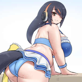 1girl ass bikini bird_tail black_hair blush breasts brown_eyes commentary_request hair_over_one_eye headphones highres huge_breasts kemono_friends kemono_friends_3 king_penguin_(kemono_friends) long_hair looking_at_viewer mo23 multicolored_hair penguin_girl penguin_tail smile solo swimsuit tail