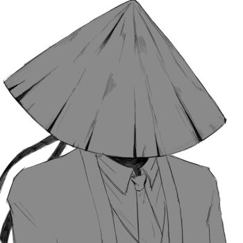 1boy bamboo-hatted_kim coat collared_shirt commentary_request covered_face greyscale hat jacket jingasa limbus_company male_focus monochrome open_clothes open_coat project_moon recktie shirt shoggoth_(sirens20211) solo suit_jacket upper_body white_background