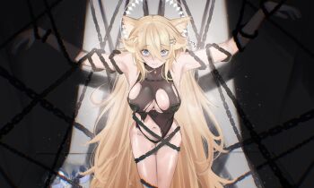 Rule 34 | 1girl, absurdres, animal ear fluff, animal ears, black leotard, blue eyes, bowl, breasts, cat ears, chain, closed mouth, hair ornament, highres, kaneko lumi, large breasts, leotard, long hair, looking at viewer, navel, pet bowl, phase connect, pupi (rain prophet), restrained, solo, star (symbol), star hair ornament, torn clothes, virtual youtuber