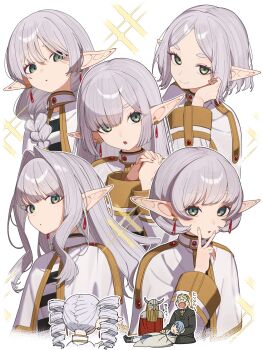 1girl 3boys absurdres alternate_hair_length alternate_hairstyle asymmetrical_bangs blunt_bangs braid capelet commentary_request drill_hair earrings eisen_(sousou_no_frieren) elf floating_earrings frieren gold_trim green_eyes hair_focus hand_up heiter highres himmel_(sousou_no_frieren) inoshishi969 jewelry long_sleeves looking_at_viewer multiple_boys multiple_views parted_bangs parted_lips pointy_ears redrawn shirt short_hair sousou_no_frieren sparkle striped_clothes striped_shirt twin_braids twin_drills v v_over_mouth white_capelet