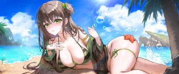 Rule 34 | 1girl, absurdres, armlet, bare shoulders, beach, bikini, black jacket, blush, breasts, brown hair, bubble, cleavage, closed mouth, day, earrings, green bikini, green eyes, halterneck, hibiwa, highres, jacket, jewelry, large breasts, long hair, long sleeves, looking at viewer, lying, meme (v-lup), mole, mole under eye, nose blush, off shoulder, on side, one side up, outdoors, skindentation, solo, starfish, string bikini, striped bikini, striped clothes, sunlight, swimsuit, thigh strap, thighs, v-lup, virtual youtuber, water, wet