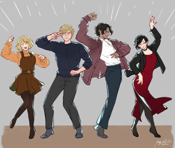 2boys 2girls ada_wong ashley_graham beard_stubble black_choker black_hair black_jacket black_pantyhose blonde_hair blue_eyes blue_pants blue_sweater breasts brown_cardigan brown_dress brown_hair cardigan choker cleavage closed_eyes closed_mouth collared_shirt dancing dated dress facial_hair full_body furrowed_brow grey_background grey_pants grey_socks hand_up jacket kay924026 leon_s._kennedy long_dress looking_at_another luis_sera medium_breasts multiple_boys multiple_girls no_shoes open_mouth orange_sweater pants pantyhose parted_bangs red_dress resident_evil resident_evil_4 shirt short_dress short_hair side_slit sign smile socks stubble sweater sweater_under_dress swept_bangs v white_shirt