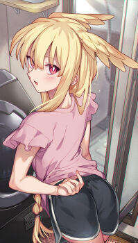 1girl absurdres ass black_shorts blonde_hair blush dolphin_shorts fate/grand_order fate_(series) head_wings highres long_hair looking_at_viewer looking_back mitsurugi_sugar open_mouth pantylines pink_shirt red_eyes shirt short_sleeves shorts sidelocks solo thrud_(fate) valkyrie_(fate) washing_machine wings