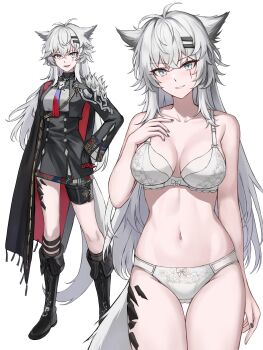 1girl absurdres animal_ears arknights black_boots black_cape black_dress boots bra breasts cape commentary dress gongbangmanchi_(daisy_cutter) gradient_necktie grey_eyes highres lappland_(arknights) lappland_the_decadenza_(arknights) large_breasts long_hair looking_at_viewer material_growth midriff multiple_views navel necktie oripathy_lesion_(arknights) panties scar scar_across_eye scar_on_face simple_background single_shoulder_pad tail thighs two-sided_cape two-sided_fabric two-tone_necktie underwear very_long_hair white_background white_bra white_hair white_panties wolf_brooch wolf_ears wolf_girl wolf_tail
