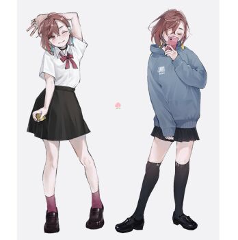 1girl arm_behind_head ayase_momo ball black_choker black_shoes black_skirt black_socks blue_hoodie border bow brown_eyes brown_hair brown_socks choker closed_eyes collared_shirt comimingming crossed_bangs dandadan earrings full_body grey_background hair_between_eyes hair_over_one_eye highres holding holding_ball holding_phone hood hood_down hoodie jewelry kneehighs loafers medium_hair multiple_views one_eye_closed phone pleated_skirt red_bow shirt shoes short_sleeves skirt sleeves_past_wrists smile socks v white_border white_shirt