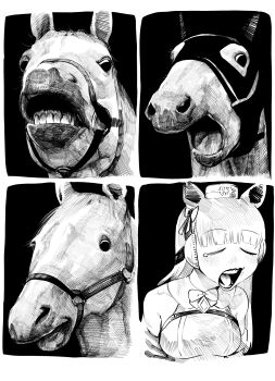 1girl absurdres animal_ears blunt_bangs bow bowtie breasts commentary gold_ship_(racehorse) gold_ship_(umamusume) greyscale highres horse horse_ears horse_girl looking_at_viewer medium_breasts monochrome multiple_expressions multiple_views niwarhythm sleepy tears umamusume upper_body yawning