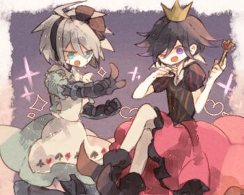 2boys ahoge alice&#039;s_adventures_in_wonderland alice_(alice_in_wonderland) alice_(alice_in_wonderland)_(cosplay) android apron aqua_eyes black_boots black_bow black_dress black_hair black_hairband blue_dress boots border bow clenched_hand clover collared_dress collared_shirt colored_tips cosplay crossdressing crossdressing_(mtf) crossed_legs crown danganronpa_(series) danganronpa_v3:_killing_harmony diamond_(shape) dress feet_out_of_frame frilled_apron frilled_sleeves frills full_body gold_crown grey_hair hair_between_eyes hair_bow hairband happy heart heart_print heart_wand high_collar holding holding_wand k1-b0 lowres male_focus medium_dress multicolored_hair multiple_boys oma_kokichi one_eye_closed open_mouth outside_border pleated_dress pointing pointing_at_another pointy_boots puffy_short_sleeves puffy_sleeves purple_background purple_eyes purple_hair queen_of_hearts_(alice_in_wonderland) queen_of_hearts_(alice_in_wonderland)_(cosplay) red_dress shirt short_hair short_sleeves sitting smile spade_(shape) sparkle spiked_hair striped_clothes striped_dress toskogahazan two-tone_dress vertical-striped_clothes vertical-striped_dress wand white_apron white_border white_shirt