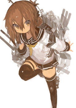 1girl absurdres black_sailor_collar black_skirt brown_eyes brown_hair closed_mouth commentary folded_ponytail hair_between_eyes highres inazuma_(kancolle) kaamin_(mariarose753) kantai_collection leg_up long_sleeves looking_at_viewer neckerchief pleated_skirt rigging sailor_collar school_uniform serafuku ship_turret simple_background skirt solo thighhighs white_background yellow_neckerchief