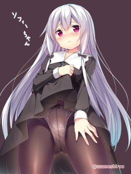 1girl artist_name black_background black_dress black_pantyhose blush clothes_lift dress dress_lift female_focus from_below gluteal_fold hand_on_own_thigh lifting_own_clothes long_hair looking_down panties panties_under_pantyhose pantyhose red_eyes silver_hair simple_background solo sophie_twilight thighs tonari_no_kyuuketsuki-san underwear usume_shirou white_panties