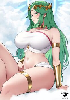 1girl absurdres armlet artist_logo artist_name bare_shoulders blue_halo breasts commentary crop_top feet_out_of_frame flipped_bangs forehead_jewel green_eyes green_hair hair_ornament halo highres jewelry kaos_art kid_icarus kid_icarus_uprising knee_up large_breasts legs logo long_hair midriff navel neck_ring nintendo paid_reward_available palutena patreon_username solo strapless super_smash_bros. tube_top very_long_hair