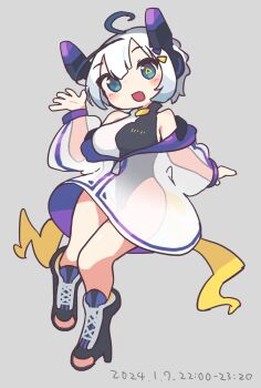 Rule 34 | 1girl, ahoge, back ribbon, bare shoulders, black leotard, blue streaks, boots, breasts, full body, green eyes, grey background, hair ornament, hand up, hashtag-only commentary, headgear, high heel boots, high heels, highres, jacket, jacket partially removed, large breasts, leotard, leotard under clothes, light blush, long sleeves, looking at viewer, mismatched pupils, multicolored hair, neutrino (software), no. 7 (neutrino), off shoulder, open-toe shoes, open mouth, puffy long sleeves, puffy sleeves, ribbon, sakamoto ahiru, see-through clothes, see-through jacket, short hair, simple background, solo, standing, streaked hair, symbol-shaped pupils, triangle-shaped pupils, two-sided fabric, two-sided jacket, voicevox, waving, white hair, white leotard, yellow ribbon