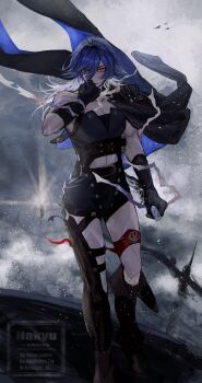 1girl black_jacket blue_hair floating_jacket full_body hakyusiku highres jacket jacket_on_shoulders ocean path_to_nowhere red_eyes solo standing