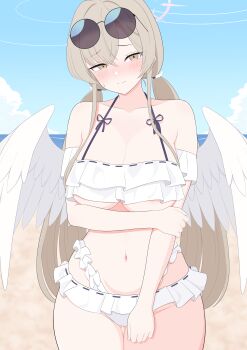 Rule 34 | 1girl, absurdres, alternate costume, alternate hairstyle, angel wings, bikini, blue archive, blush, breasts, brown hair, commentary request, cosplay, embarrassed, eyewear on head, frills, hair ornament, halo, hifumi (blue archive), hifumi (blue archive) (cosplay), hifumi (swimsuit) (blue archive), highres, large breasts, long hair, looking at viewer, low twintails, makkura!, nagisa (blue archive), navel, solo, stomach, sunglasses, swimsuit, twintails, underboob, white bikini, white wings, wings