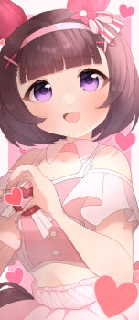 Rule 34 | absurdres, animal ears, bare shoulders, blunt bangs, blush, breasts, brown hair, clothing cutout, commentary request, ear covers, hair ornament, hairband, headband, heart, heart hands, highres, horse ears, horse girl, horse tail, kurumiya (krmy p), looking at viewer, meni shuki rush-sshu!, midriff, nishino flower (umamusume), open mouth, pink hairband, pink headband, pink shirt, pink skirt, purple eyes, shirt, short hair, shoulder cutout, skirt, small breasts, smile, tail, umamusume, x hair ornament