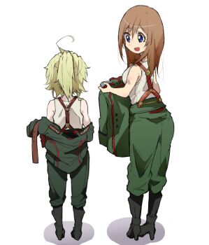 2girls bare_shoulders black_shoes blonde_hair blue_eyes breasts brown_hair commentary_request green_pants height_difference karaage_(torikkk) looking_at_another medium_breasts medium_hair military_uniform multiple_girls open_mouth pants ponytail shoes short_ponytail smile tanya_degurechaff teeth viktoriya_ivanovna_serebryakov youjo_senki
