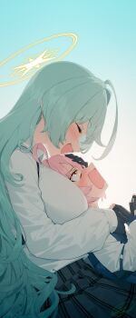 2girls :o ^_^ ahoge aqua_hair black_gloves black_skirt blew_andwhite blue_archive blush breasts closed_eyes commentary_request dress_shirt embarrassed fingerless_gloves gloves halo highres hoshino_(blue_archive) hoshino_(first_year)_(blue_archive) huge_ahoge large_breasts long_hair long_sleeves looking_at_another lying lying_on_person multiple_girls on_back pink_hair school_uniform shirt shirt_tucked_in signature skirt smile sweatdrop very_long_hair white_shirt yume_(blue_archive) yuri
