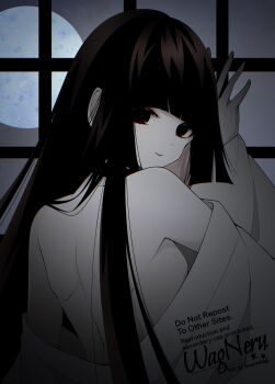 1girl back bare_shoulders black_eyes black_hair blunt_bangs breasts choker eyeliner fate/grand_order fate_(series) highres japanese_clothes kimono komahime_(fate) long_hair long_sleeves looking_at_viewer looking_back makeup off_shoulder small_breasts smile solo very_long_hair wagu_neru white_kimono wide_sleeves