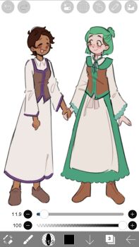 2girls amity_blight apron aqua_ribbon blunt_ends blush_stickers brown_hair brown_streaks brown_vest clarith clarith_(cosplay) collared_dress cosplay crossover dark-skinned_female dark_skin dress green_hair green_skirt hair_dye hatsune_miku highres holding_hands luz_noceda manque medium_hair michaela_(evillious_nendaiki) michaela_(evillious_nendaiki)_(cosplay) multiple_girls pale_skin pointy_ears ponytail ribbon short_hair short_ponytail skirt smile the_owl_house trait_connection vest vocaloid white_apron white_dress white_sleeves yellow_eyes yowane_haku yuri