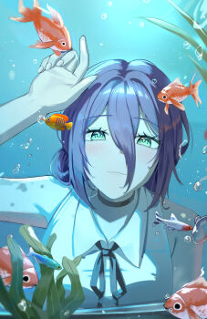 1girl air_bubble aquarium black_choker black_ribbon bubble chainsaw_man choker collared_shirt dambi_(dam_bb_0526) fish green_eyes hair_between_eyes hair_bun highres neck_ribbon purple_hair reze_(chainsaw_man) ribbon shirt solo white_shirt