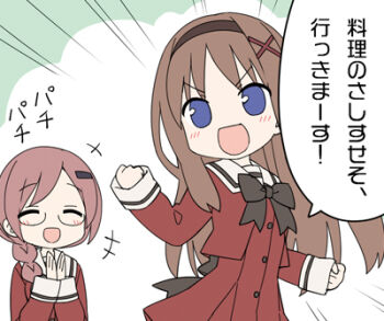 +++ 2girls black_bow blue_eyes bow braid brown_hair buttons clapping clenched_hands closed_eyes cousins glasses hair_ornament hairband hairpin hand_up hands_up kani_biimu kitajima_kaede kitajima_sara long_hair long_sleeves lowres multiple_girls official_art open_mouth purple_hair school_uniform single_braid smile sono_hanabira_ni_kuchizuke_wo speech_bubble st._michael&#039;s_school_uniform translation_request upper_body