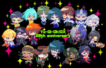 anniversary austin_o'brien black_background card chibi chibi_only crocodile crocodilian daitokuji demon_girl duel_academy_uniform_(yu-gi-oh!_gx) duel_monster edo_phoenix everyone fujiwara_yuusuke heterochromia highres holding holding_card jim_crocodile_cook johan_andersen manjoume_jun marufuji_ryo misawa_daichi multicolored_hair otowaika pharaoh_(cat) saio_takuma saotome_rei smile sparkle tenjouin_asuka tenjouin_fubuki tyranno_kenzan yu-gi-oh! yu-gi-oh!_gx yubel yuki_judai