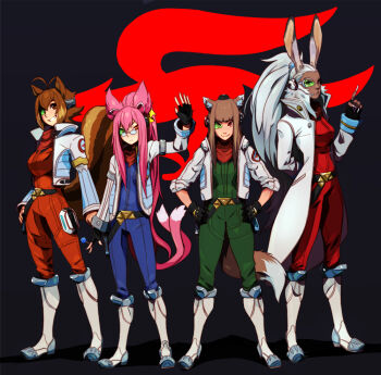 4girls animal_ears antenna_hair arm_behind_back blazblue bomber_jacket breasts brown_eyes brown_hair candy cat_ears cat_tail cosplay crossover dark-skinned_female dark_skin eymbee falco_lombardi falco_lombardi_(cosplay) final_fantasy final_fantasy_xii fingerless_gloves fingernails flat_chest food fox_mccloud fox_mccloud_(cosplay) fran_(ff12) full_body glasses gloves green-tinted_eyewear grin hands_on_own_hips headset high_ponytail holo holster index_finger_raised jacket kokonoe_(blazblue) large_breasts lollipop long_coat long_fingernails long_hair makoto_nanaya medium_breasts multicolored_hair multiple_crossover multiple_girls multiple_tails neckerchief nintendo open_clothes open_jacket orange_eyes peppy_hare pilot_suit pince-nez pink_hair ponytail rabbit_ears red_eyes reference_work scouter short_hair silver_hair simple_background sleeves_pushed_up slippy_toad smile spice_and_wolf squirrel_ears squirrel_tail standing star_fox tail thigh_holster tinted_eyewear trait_connection two-tone_hair two_side_up very_long_hair viera wolf_ears wolf_tail