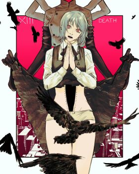 2girls absurdres bird black_dress black_gloves chainsaw_man chef clothes_lift collared_shirt commentary crow dress dress_lift earrings elbow_gloves english_commentary falling_devil_(chainsaw_man) fami_(chainsaw_man) gloves grey_hair highres jewelry long_sleeves looking_at_viewer machipachi1901 multiple_girls open_mouth own_hands_together panties pinafore_dress red_eyes shirt sleeveless sleeveless_dress teeth underwear white_panties