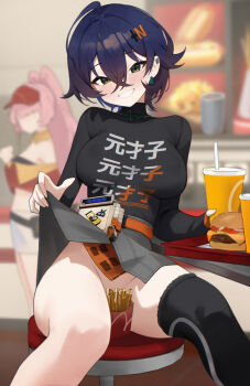 1girl ahoge asymmetrical_legwear belle_(zenless_zone_zero) black_shirt blue_hair blurry blurry_background clothes_lift clothes_writing convenient_censoring cup disposable_cup drinking_straw earrings fast_food food french_fries green_eyes grey_skirt hair_between_eyes hair_ornament highres jewelry kumari2311 letter_hair_ornament long_sleeves looking_at_viewer shirt skirt skirt_lift smile zenless_zone_zero