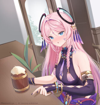 1girl @_@ absurdres alternate_breast_size_(larger) artist_name asymmetrical_gloves bare_shoulders black_gloves black_leotard blue_eyes blue_gem blush braid breasts citlali_(genshin_impact) cleavage commentary cup drinking_glass facial_mark fingerless_gloves fingernails floating_headgear forehead_mark gem genshin_impact gloves halter_leotard halterneck headgear highres holding holding_cup indoors large_breasts leotard long_hair momokochiiyo nail_polish pink_hair purple_hair purple_nails sideboob sitting solo tankard triangle triangle_facial_mark twin_braids uneven_gloves very_long_hair