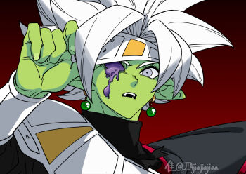 1boy alternate_costume black_bodysuit bleeding blood bodysuit bracer colored_skin dragon_ball dragon_ball_heroes dragon_ball_super earrings fused_zamasu green_skin grey_eyes jewelry jiajiajiajiaa long_sleeves official_alternate_costume pointy_ears potara_earrings purple_blood rotting solo spiked_hair torn_clothes unusual_blood_color white_hair
