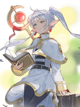 1girl black_pantyhose blurry blurry_background book breasts capelet commentary_request cowboy_shot earrings elf frieren gem gold_trim green_eyes grey_hair highres holding holding_book jacket jewelry long_hair pantyhose parted_bangs pointy_ears red_gemstone shirt skirt small_breasts smile solo sousou_no_frieren staff striped_clothes striped_shirt tree_stump twintails ve_0ekaki white_capelet white_jacket white_skirt