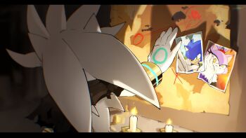 1girl 2boys absurdres alternate_costume alternate_universe blaze_the_cat body_markings bracelet brown_cloak candle cloak facing_away furry furry_male gold_bracelet hand_on_wall highres jewelry kwhundredk male_focus map multiple_boys photo_(object) silver_the_hedgehog smile solo_focus sonic_(series) sonic_the_hedgehog