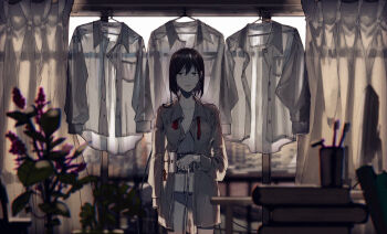 1girl amputee android black_hair book cable closed_mouth clothes_hanger collarbone collared_shirt cup curtains dress_shirt facing_viewer female_focus hair_between_eyes indoors kuroda_eri looking_at_viewer mechanical neck_ribbon no_pants open_clothes open_shirt original panties plant plug red_neckwear ribbon science_fiction see-through_clothes shirt short_hair solo standing toothbrush underwear undone_neck_ribbon window