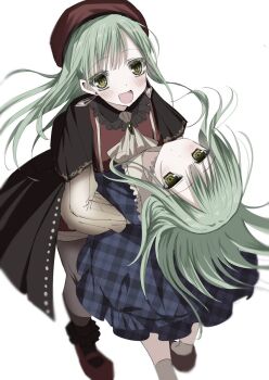 Rule 34 | 2girls, ave mujica (bang dream!), bang dream!, blue dress, blush, brown shoes, dress, expressionless, full body, green hair, hat, highres, kasukasugom1, long hair, long sleeves, looking at viewer, mortis (bang dream!), mortis (persona) (bang dream!), multiple girls, shoes, smile, socks, wakaba mutsumi, white background, white socks, yellow eyes