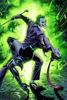 1boy 1girl batman_(series) black_hair cane dc_comics evil_grin evil_smile explosion explosion_background green_eyes green_hair grin highres holding holding_staff j._scott_campbell multicolored_hair piercing punchline_(dc) smile staff the_joker torn_clothes two-tone_hair
