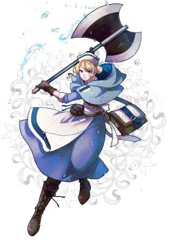 1girl absurdres apron axe bag battle_axe blonde_hair blue_dress blue_eyes boots brown_boots castti_florenz commentary_request lace-up_boots dress full_body hat highres holding holding_axe looking_at_viewer nurse_cap octopath_traveler octopath_traveler_ii shoulder_bag solo togekawaaaaaa v-shaped_eyebrows watermark weapon white_apron