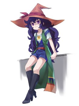 Rule 34 | 1girl, absurdres, belt, black footwear, black hair, blue overalls, boots, coat, green coat, hat, highres, kirishima rovian, knee boots, leaning back, long hair, orange headwear, overalls, purple eyes, shirt, white background, white shirt, witch hat, yu-gi-oh!, yu-gi-oh! go rush!!, zealmaker