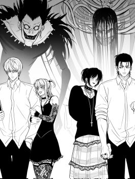 2girls 4boys amane_misa bare_shoulders black_choker black_hair black_lips black_nails black_shirt black_skirt blush book choker collared_shirt couple cow cross cross_necklace death_note detached_sleeves earrings eren_yeager founding_titan garter_straps greyscale hair_between_eyes half_updo hetero highres holding holding_another's_arm holding_book holding_hands interlocked_fingers jewelry lace lace_sleeves lace_thighhighs long_hair long_skirt mikasa_ackerman monochrome monster multiple_boys multiple_girls nail_polish necklace open_mouth parted_bangs parted_lips pointy_ears ryuk sharp_teeth shingeki_no_kyojin shingeki_no_school_castes shinigami shirt short_hair short_twintails single_earring skeleton skirt sleeves_rolled_up smile spaghetti_strap studded_choker teeth thighhighs titan_(shingeki_no_kyojin) tus_oo twintails updo white_eyes white_shirt yagami_light