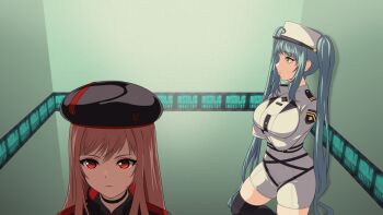 2girls absurdres aqua_hair belt beret black_belt black_choker black_footwear black_hat black_jacket boots breasts brown_hair choker closed_mouth commentary cowboy_shot crossed_arms elevator goddess_of_victory:_nikke hair_between_eyes hat highres jacket large_breasts long_hair long_sleeves looking_up military_hat multiple_girls neon_genesis_evangelion parody privaty_(nikke) rapi_(nikke) red_eyes scene_reference shinshikikan sidelocks skindentation standing swept_bangs thigh_boots twintails unitard upper_body very_long_hair white_hat white_unitard yellow_eyes