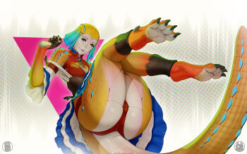 1girl animal_feet artist_logo artist_name blue_eyes commentary crocodilian_tail dated english_commentary fingernails highres logo monster_girl scales sharp_fingernails sharp_toenails solo tail themaestronoob toenails