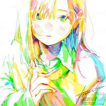 1girl artist_name blush collared_shirt colorful hand_up hatching_(texture) highres long_hair long_sleeves looking_at_viewer original procreate_(medium) shirt signature simple_background solo sweater upper_body watanabe_tomari watermark