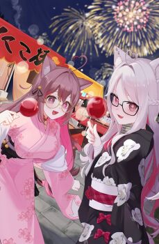 Rule 34 | 2girls, absurdres, aerial fireworks, ahoge, animal ear fluff, animal ears, black kimono, blurry, blurry background, breasts, brown hair, candy apple, cat ears, cat girl, character request, commentary request, commission, copyright request, cowboy shot, cross-shaped pupils, double-parted bangs, edge ill, fireworks, floral print, floral print kimono, food, glasses, grey hair, hair ornament, hand up, heart, heart ahoge, highres, holding, holding candy apple, holding food, japanese clothes, kimono, large breasts, long hair, long sleeves, looking at viewer, multiple girls, open mouth, parted bangs, pink eyes, pink kimono, print kimono, skeb commission, small breasts, smile, symbol-shaped pupils, wide sleeves