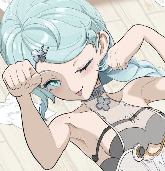Rule 34 | 1girl, armpits, bare shoulders, blue eyes, blue hair, blush, breasts, collarbone, commentary request, flower hairpin, hands up, highres, looking at viewer, mole, mole on shoulder, one eye closed, paw pose, see-through clothes, see-through dress layer, seed (zenless zone zero), small breasts, solo, tongue, tongue out, upper body, wao peke, waochanko, zenless zone zero